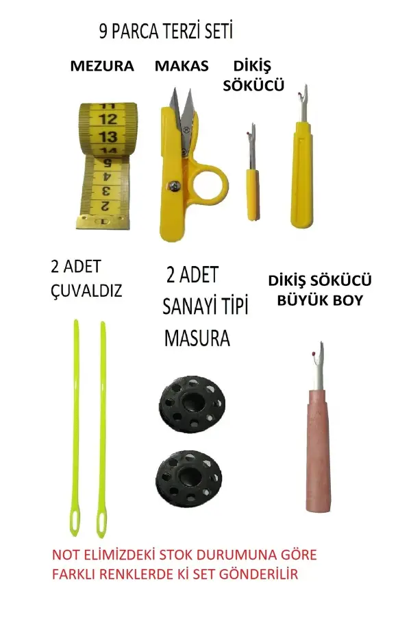 9 parça dikiş seti 1 makas 3 ilik açıcı 1 mezura 2 masura 2 çuvaldız hobi seti