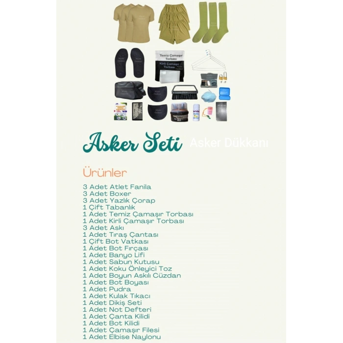 ACEMİ VE BEDELLİ ASKER TEMEL İHTİYAÇ SETİ YAZLIK 3 LÜ SET 30 PARÇA