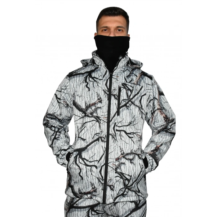 BEYAZ SOFT SHELL MONT AVCI SAZ KAR DESEN ÇİFT KAT POLARLI