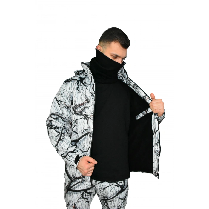 BEYAZ SOFT SHELL MONT AVCI SAZ KAR DESEN ÇİFT KAT POLARLI