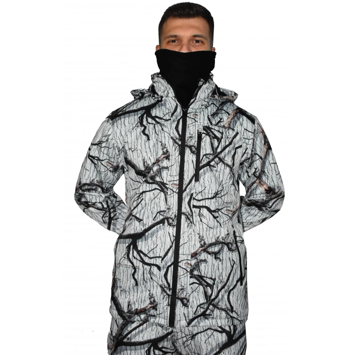 BEYAZ SOFT SHELL MONT AVCI SAZ KAR DESEN ÇİFT KAT POLARLI