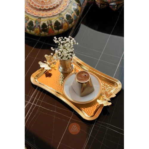 1. Kalite Kelebekli Dövme Desenli Kahve Sunumluk Metal Damat Söz Tepsisi Gold 25x16 cm