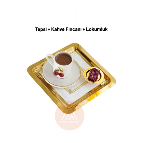 2Lİ Çift Tarafı Gold Tepsi, Kirazlı Kahve Fincanı, Lokumluk Set 8 Parça