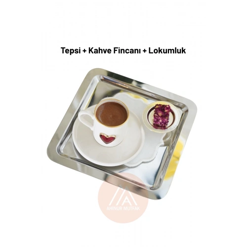 2Lİ Gümüş Tepsi, Kalpli Kahve Fincanı, Lokumluk Set 8 Parça