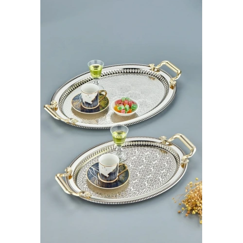 2li Oval Gümüş Model Lüx Paslanmaz Çelik Sunum Tepsisi