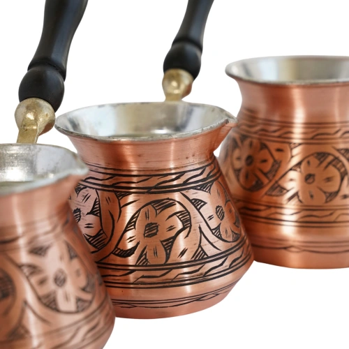 3Lü Maraş İşlemeli Dövme Bakır Cezve, Kahve Cezvesi