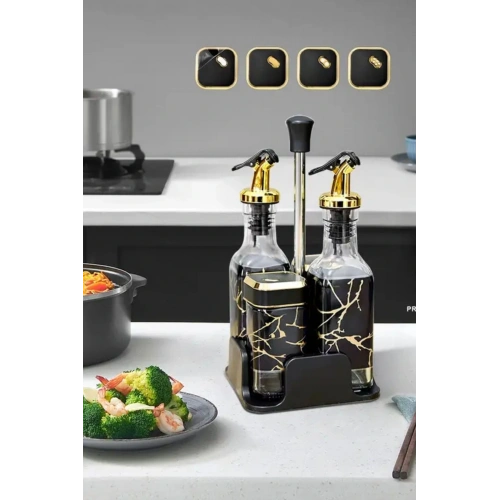 5 Parça Standlı Yağlık Sirkelik Biberlik Takımı Yağ Sirke Seti - Dönen Kapaklar, Sızdırmaz Tasarım, 2 Baharat Şişesi, 2 Yağdanlık