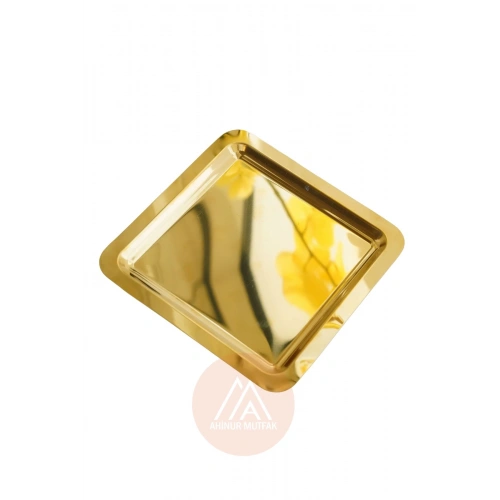 6 Adet Parlak Çift Taraflı Gold Altın Kare Paslanmaz Çelik Kahve Servis Sunum Tepsi (21X21CM)
