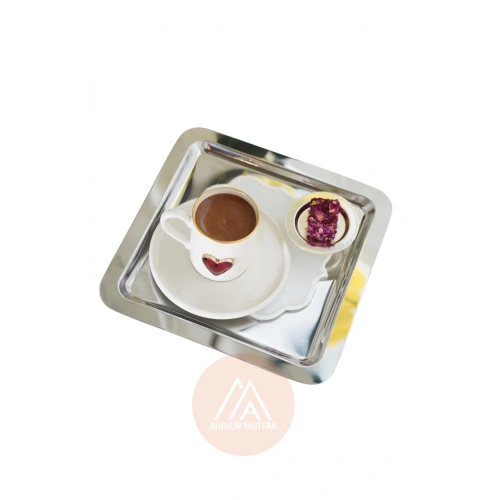 6 Adet Parlak Gümüş Kare Paslanmaz Çelik Kahve Servis Sunum Tepsi (21X21CM)