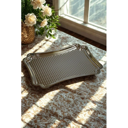 Çelik Servis Tepsisi, Parmak İzi Yapmaz, Gümüş Söz - Nişan Sunum Tepsisi 28x18 cm