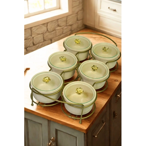 6lı Yuvarlak Kapaklı Kahvaltı Sunumluğu Mat Gold Kaplama