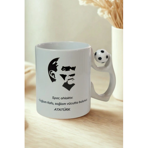 Atatürk Sözlü Futbol Topu Kulplu Porselen Kupa – Spor Ahlaktır Temalı Kahve Kupası