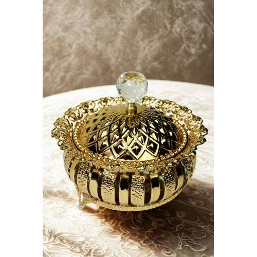 Aynalı Oval Şekerlik & İsteme Çikolatası & Lokumluk 15 cm Lüks Altın Kapaklı Kristal Topuzlu