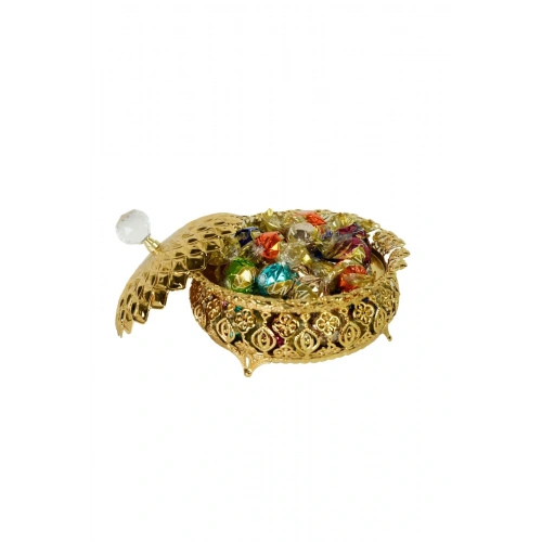 Aynalı Oval Şekerlik & İsteme Çikolatası & Lokumluk 15 cm Lüks Altın Kapaklı Kristal Topuzlu