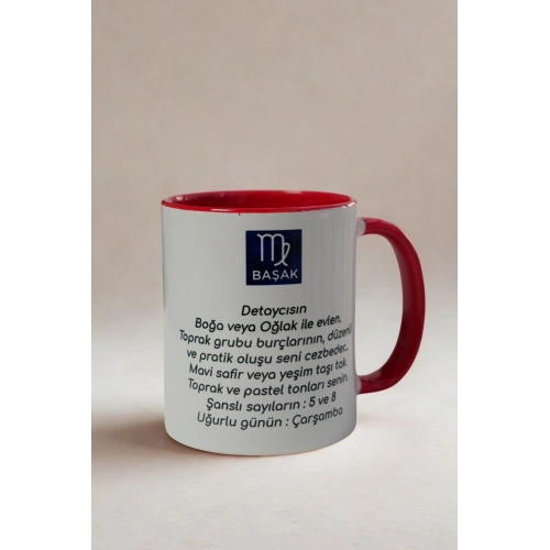 Başak Burcu Kupa Bardak | Burçlara Özel Porselen Kupa | Kırmızı İç Renkli Hediye Kupa | Astrolojik Tasarım Kahve Kupası