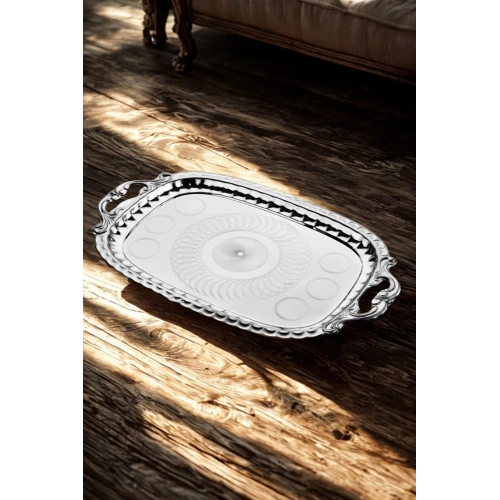 Çay Kahve Tepsisi Ikramlık Sunumluk Servis Ve Kulplu Çay Tepsisi Paslanmaz Çelik Desenli 39x30cm