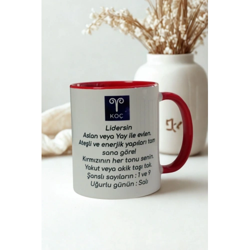 Koç Burcu Porselen Kupa – Burç Özellikli Kırmızı Kulplu Kahve Fincanı Hediye