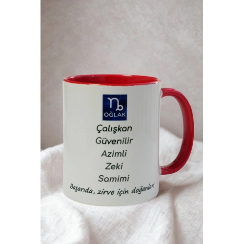 Oğlak Burcu Porselen Kupa – Çalışkan, Güvenilir, Azimli, Zeki ve Samimi – Kırmızı Kulplu Hediye Kupa
