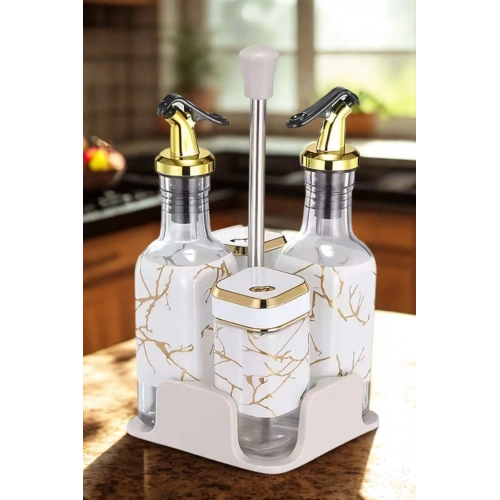5 Parça Standlı Yağlık Sirkelik Biberlik Takımı Yağ Sirke Seti - Dönen Kapaklar, Sızdırmaz Tasarım, 2 Baharat Şişesi, 2 Yağdanlık