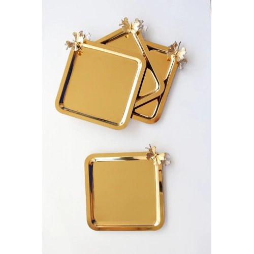 Paslanmaz Çelik 4lü Gold Kare Servis Sunum Tepsisi 21x21cm