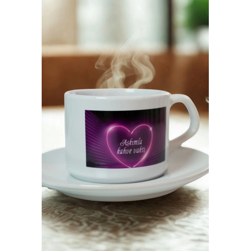 Porselen Kupa Seti – “Aşkımla Kahve Vakti” Baskılı Romantik Hediyelik Fincan ve Tabak