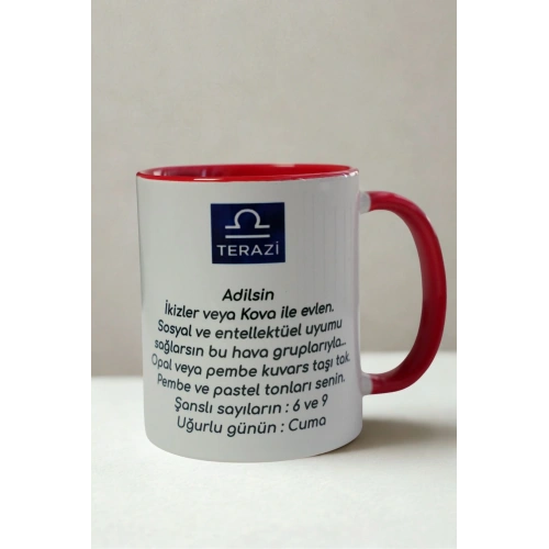 Terazi Burcu Porselen Kupa – Adil, Zarif ve Duygusal – Kırmızı Kulplu Hediye Kupa