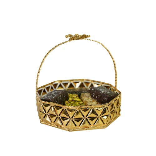 Üstten Kulplu Aynalı Şekerlik, Çikolatalık, Lokumluk, Kurabiyelik, Meyvelik Petek Sepet 15 cm Gold