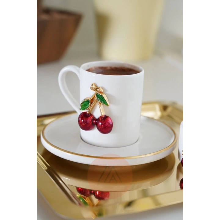 2Lİ Çift Tarafı Gold Tepsi, Kirazlı Kahve Fincanı, Lokumluk Set 8 Parça