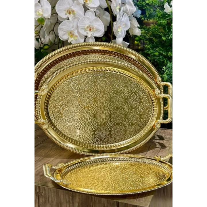 2li Oval Gold Model Lüx Paslanmaz Çelik Sunum Tepsisi