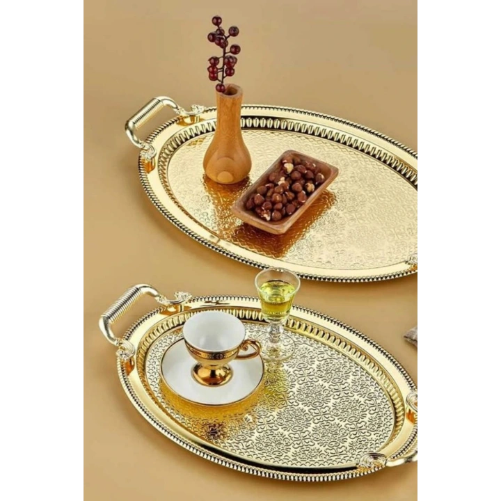 2li Oval Gold Model Lüx Paslanmaz Çelik Sunum Tepsisi
