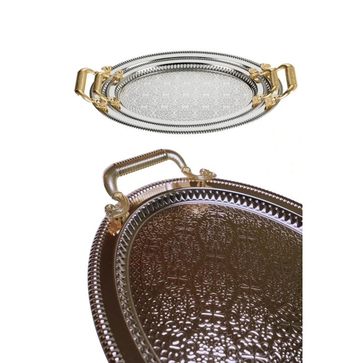 2li Oval Gümüş Model Lüx Paslanmaz Çelik Sunum Tepsisi