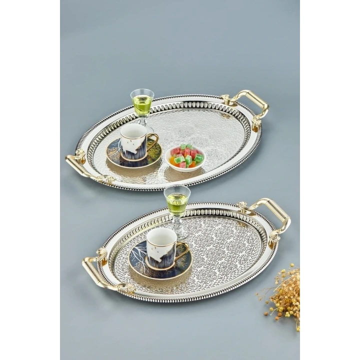 2li Oval Gümüş Model Lüx Paslanmaz Çelik Sunum Tepsisi