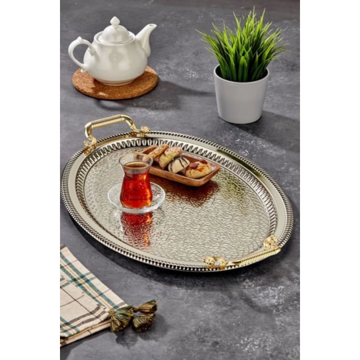 2li Oval Gümüş Model Lüx Paslanmaz Çelik Sunum Tepsisi