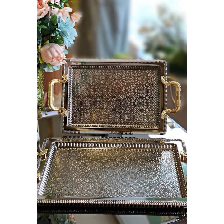 2li Dikdörtgen Model Lüx Paslanmaz Çelik Sunum Tepsisi