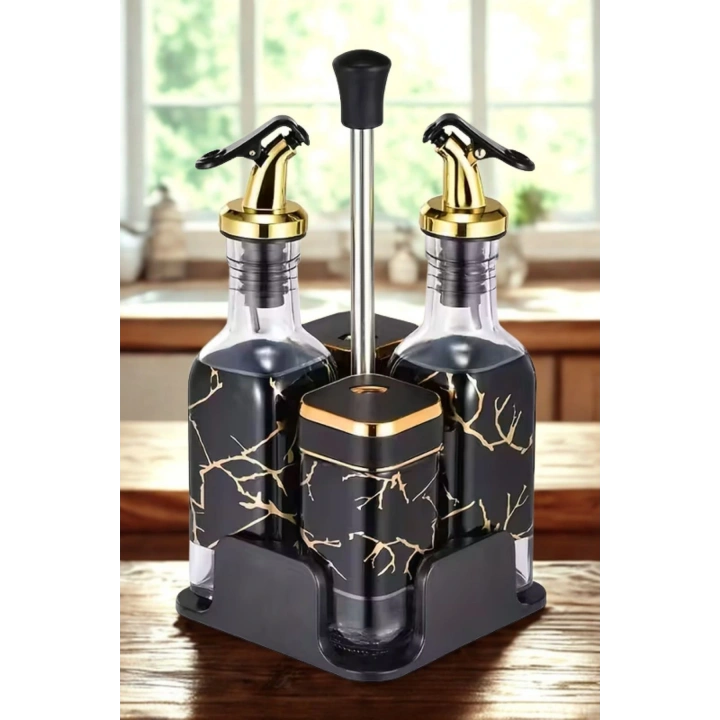 5 Parça Standlı Yağlık Sirkelik Biberlik Takımı Yağ Sirke Seti - Dönen Kapaklar, Sızdırmaz Tasarım, 2 Baharat Şişesi, 2 Yağdanlık