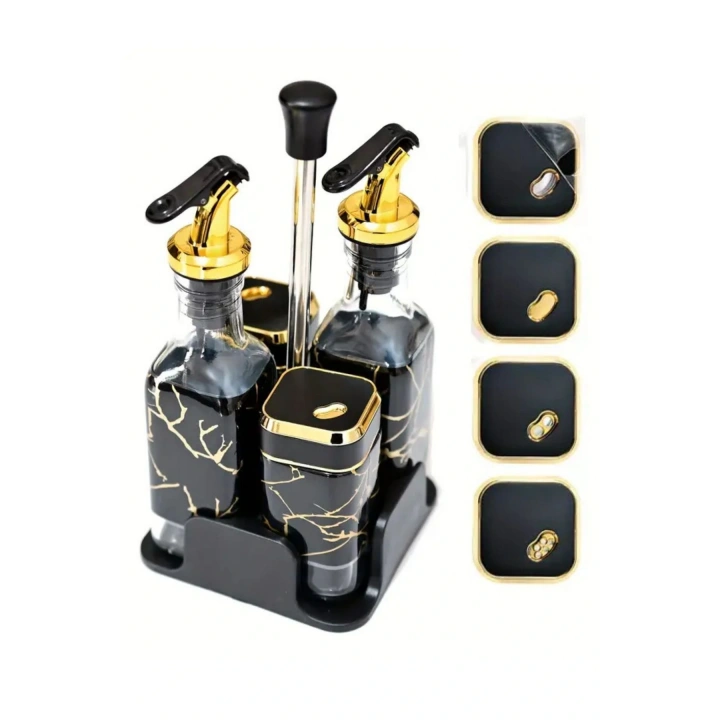 5 Parça Standlı Yağlık Sirkelik Biberlik Takımı Yağ Sirke Seti - Dönen Kapaklar, Sızdırmaz Tasarım, 2 Baharat Şişesi, 2 Yağdanlık