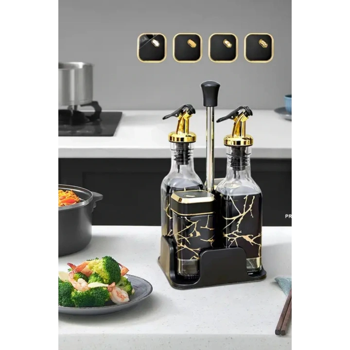 5 Parça Standlı Yağlık Sirkelik Biberlik Takımı Yağ Sirke Seti - Dönen Kapaklar, Sızdırmaz Tasarım, 2 Baharat Şişesi, 2 Yağdanlık