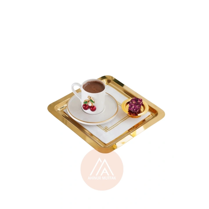 6 Adet Parlak Çift Taraflı Gold Altın Kare Paslanmaz Çelik Kahve Servis Sunum Tepsi (21X21CM)