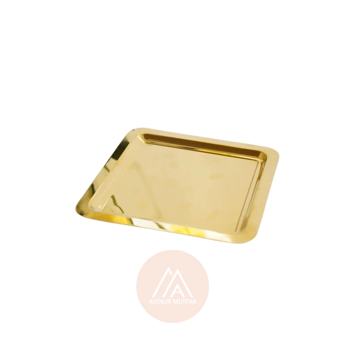 6 Adet Parlak Çift Taraflı Gold Altın Kare Paslanmaz Çelik Kahve Servis Sunum Tepsi (21X21CM)