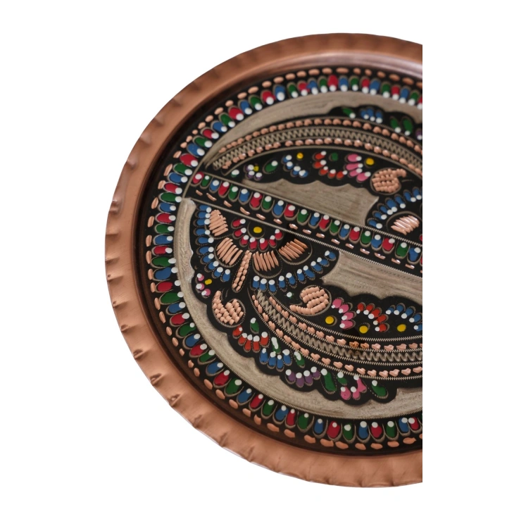 Erzincan El Işlemesi Yuvarlak Bakır Çay Kahve Tepsisi 24 cm