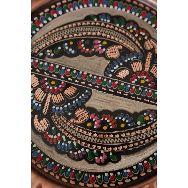 Erzincan El Işlemesi Yuvarlak Bakır Çay Kahve Tepsisi 24 cm