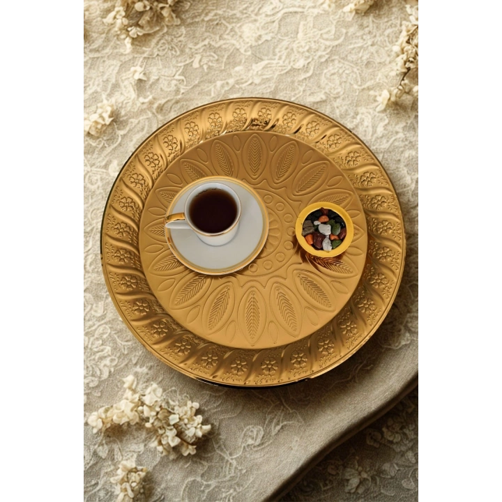 Antik Desenli Gol Yuvarlak Saç Tepsi 6 kişilik 35 cm