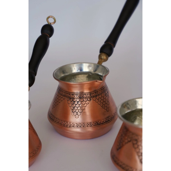 Gaziantep El Işlemesi Desenli Bakır Cezve Antik Bakır Renk Bakır 3 Lü Cezve Seti