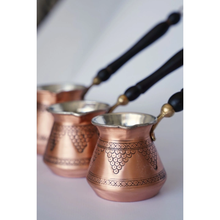 Gaziantep El Işlemesi Desenli Bakır Cezve Antik Bakır Renk Bakır 3 Lü Cezve Seti