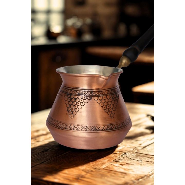 Gaziantep El Işlemesi Desenli Bakır Cezve Antik Bakır Renk Bakır 3 Lü Cezve Seti