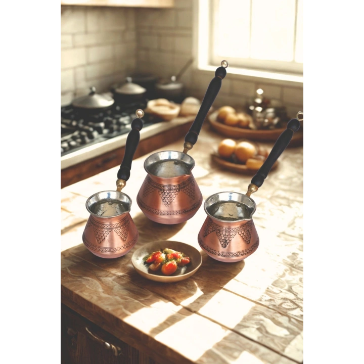 Gaziantep El Işlemesi Desenli Bakır Cezve Antik Bakır Renk Bakır 3 Lü Cezve Seti