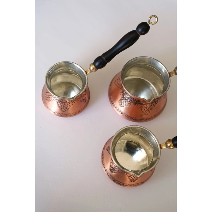 Gaziantep El Işlemesi Desenli Bakır Cezve Antik Bakır Renk Bakır 3 Lü Cezve Seti