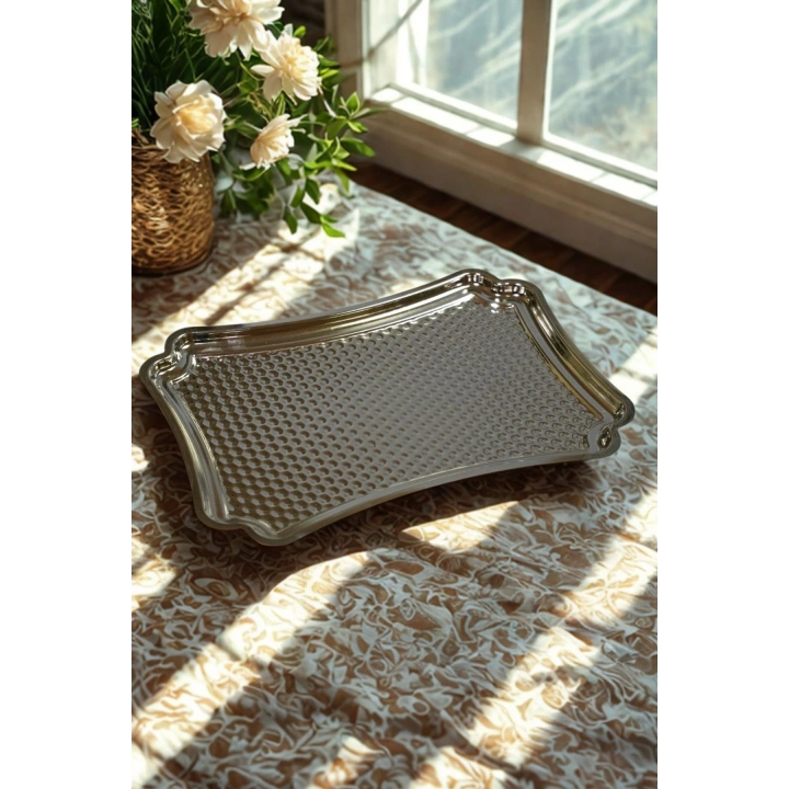 Çelik Servis Tepsisi, Parmak İzi Yapmaz, Gümüş Söz - Nişan Sunum Tepsisi 28x18 cm