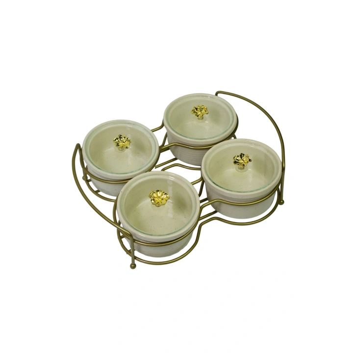4 lü Yuvarlak Kapaklı Kahvaltı Sunumluğu Mat Gold Kaplama