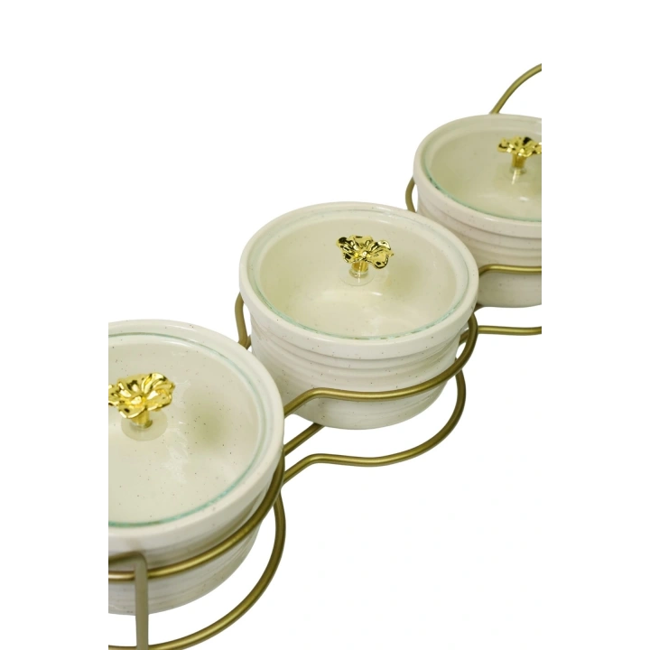 3 lü Yuvarlak Kapaklı Kahvaltı Sunumluğu Mat Gold Kaplama